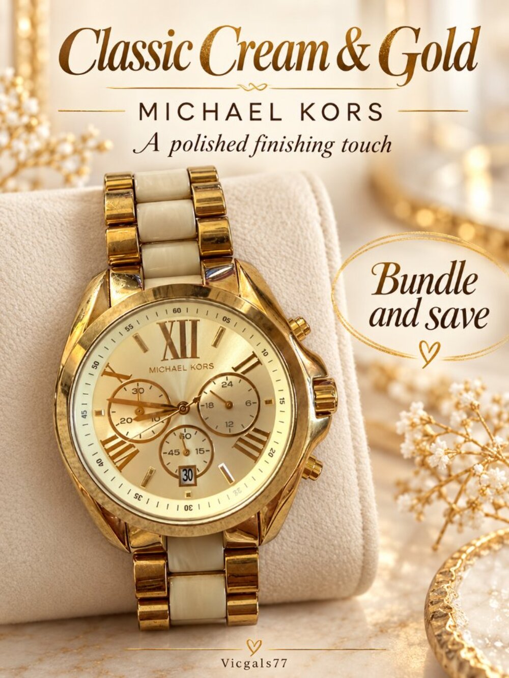 Michael Kors Gold Tone Cream Link Bracelet Champagne Chronograph Watch